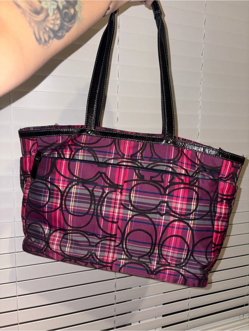 Coach Pink Plaid Signature Tote Bag